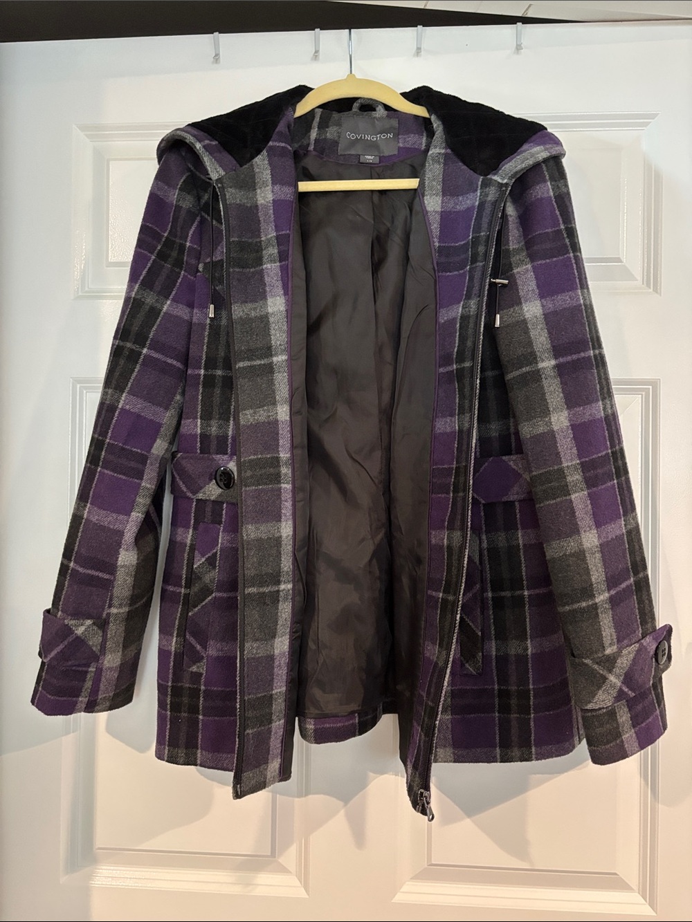 Covington Purple and Gray Plaid Hooded Pea Coat